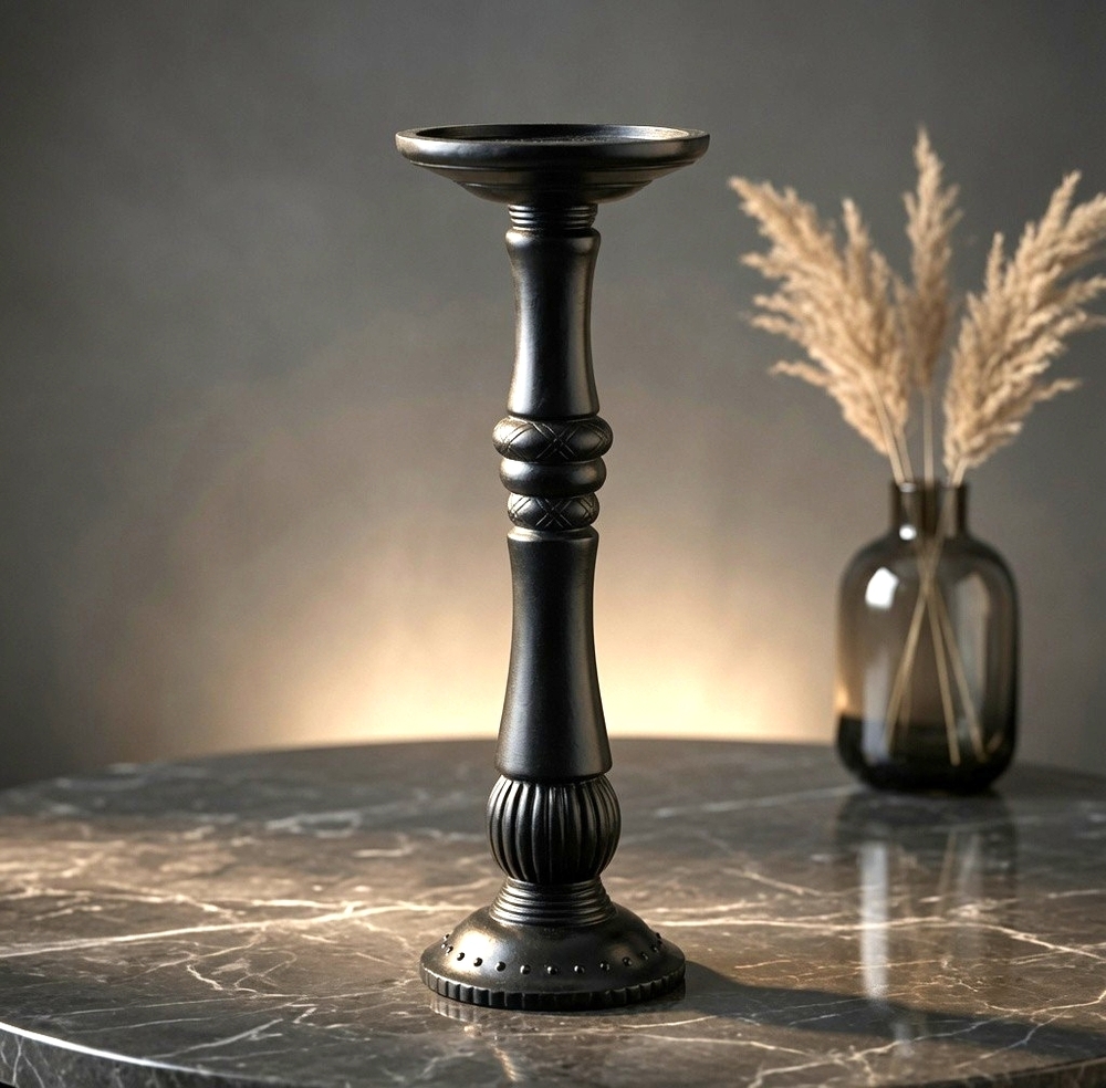 Black Ceramic Pillar Candle Holder Turned Column Design 12in VG Elegant